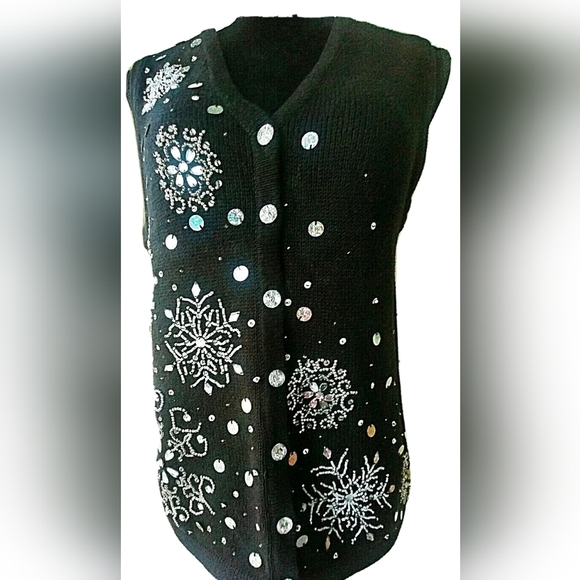 Y2K Snowflake Sweater Vest Rhinestone Beading Sequins Knitwear Small Kikit - Picture 4 of 9